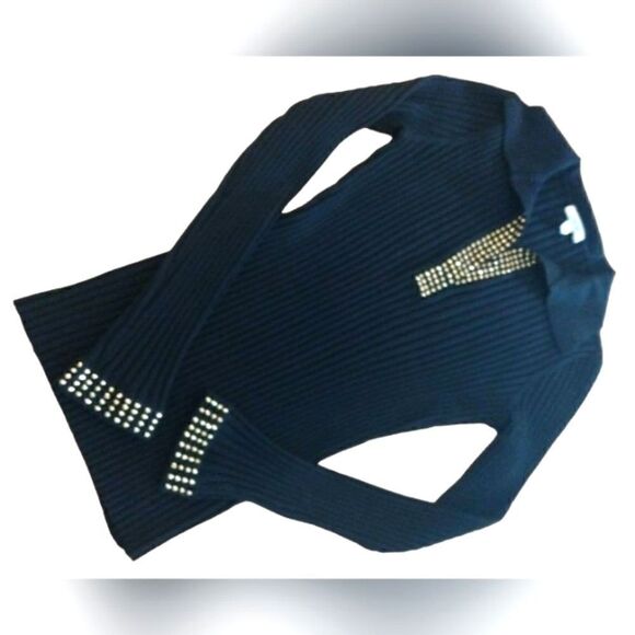 Cache Ribbed V Neck Collered Sweater w/ Gold Applique SZ medium - Picture 2 of 11